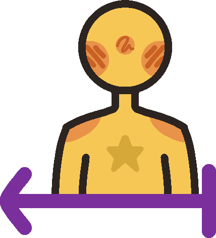 A nondescript yellow person with a star on their chest is positioned above a leftward-pointing purple arrow with a short vertical line on the right side.